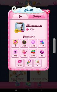 Captura de perfil de usuario de Candy Crush Saga en nivel 5094 y mochila de recompensas y objetos
